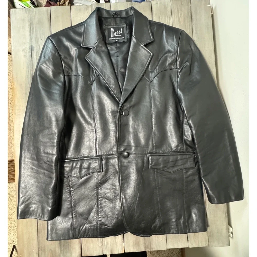 Modal New York Mens Black‎ Leather Western Blazer Jacket Coat Lined Size Medium